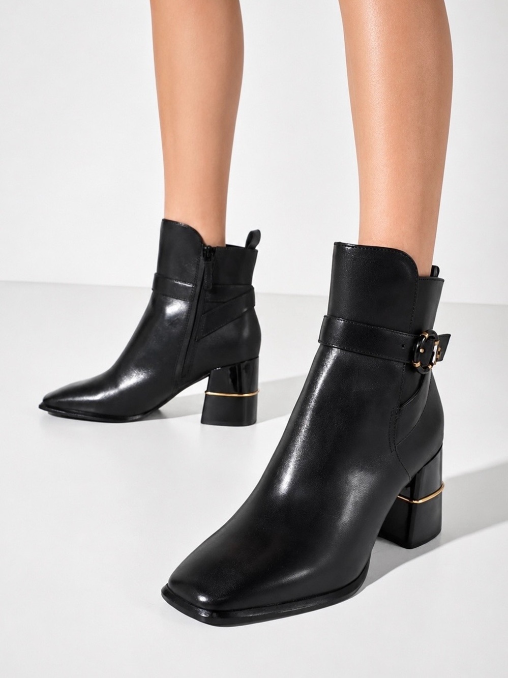 TORY BURCH Logo Buckle Square-Toe Ankle Boots in Black Leather 10